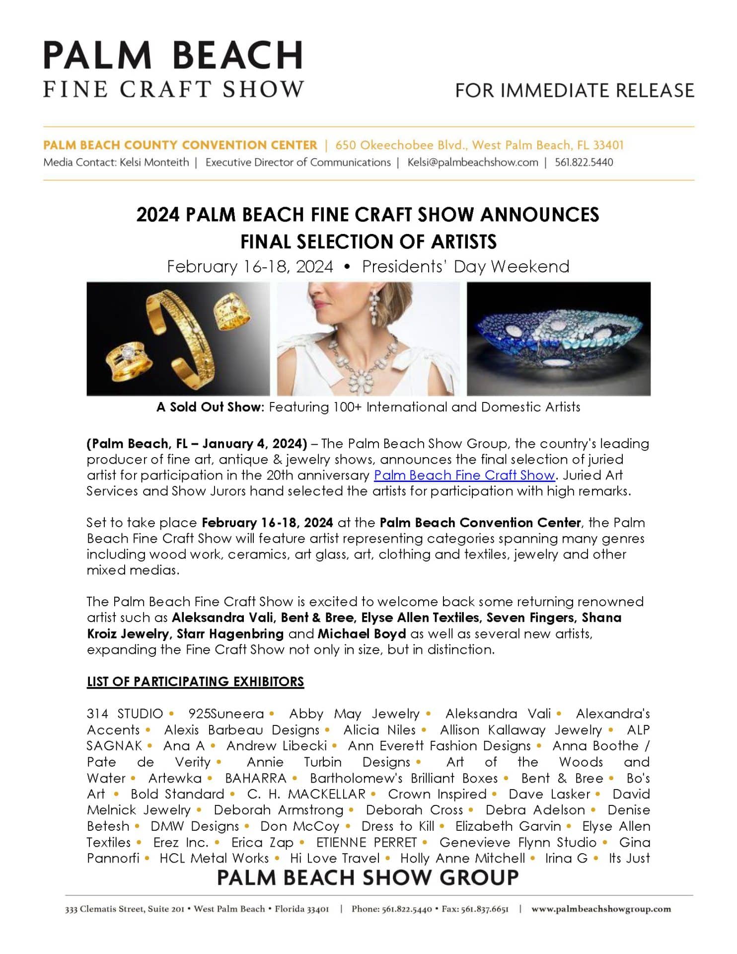 FINAL SELECTION OF ARTISTS FOR 2024 PALM BEACH FINE CRAFT SHOW Palm